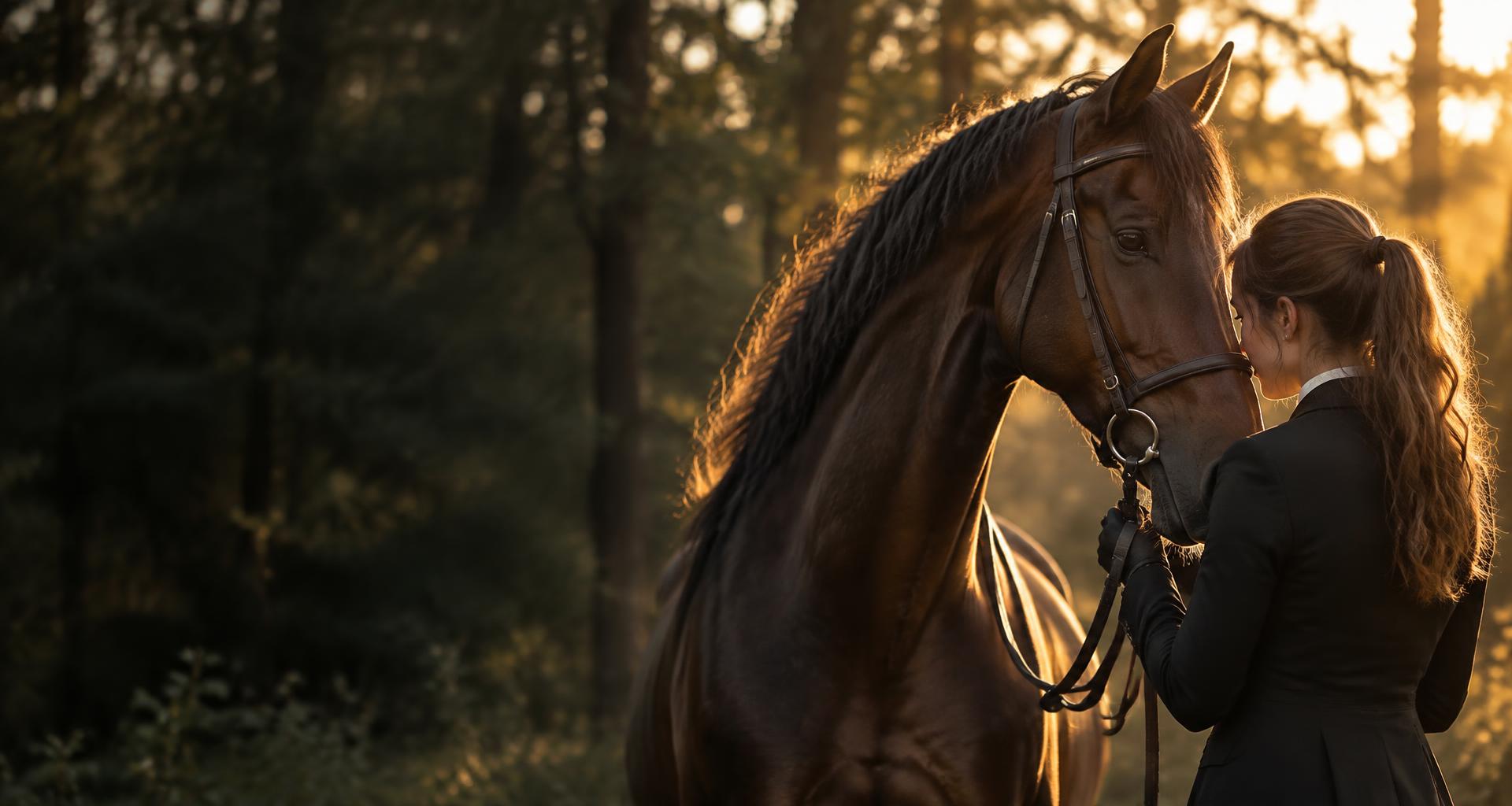 Une cavalière et son cheval dans la lumière du soir